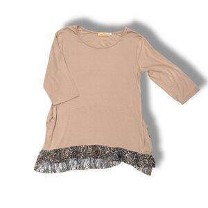 Tan and Brown Long Sleeve Tee with Lace Detail